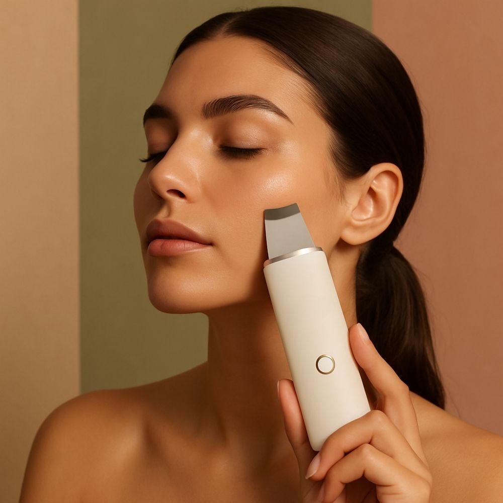 Avyrae™ IonLift Skin Scrubber placed on soft fabric background, product only, top view