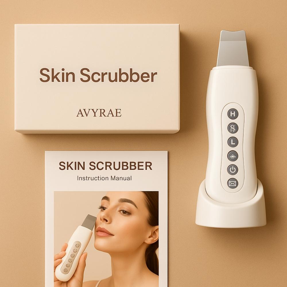Avyrae™ Ultrasonic Skin Scrubber shown in hand with power buttons lit up, close-up