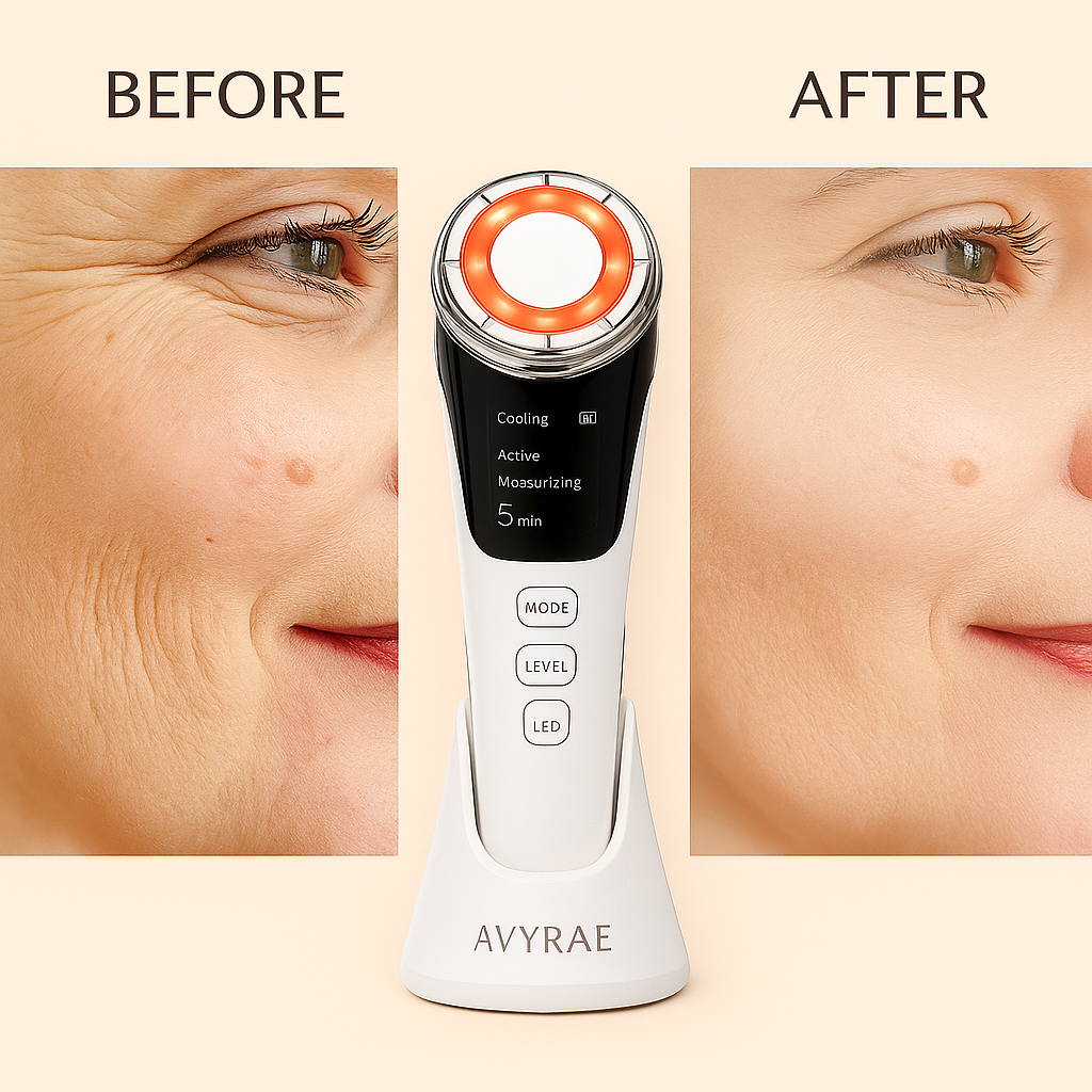 Before and after results using Avyrae™ LumaLift EMS Pro, showing a visible reduction in wrinkles and smoother skin texture with the device featured in the center.