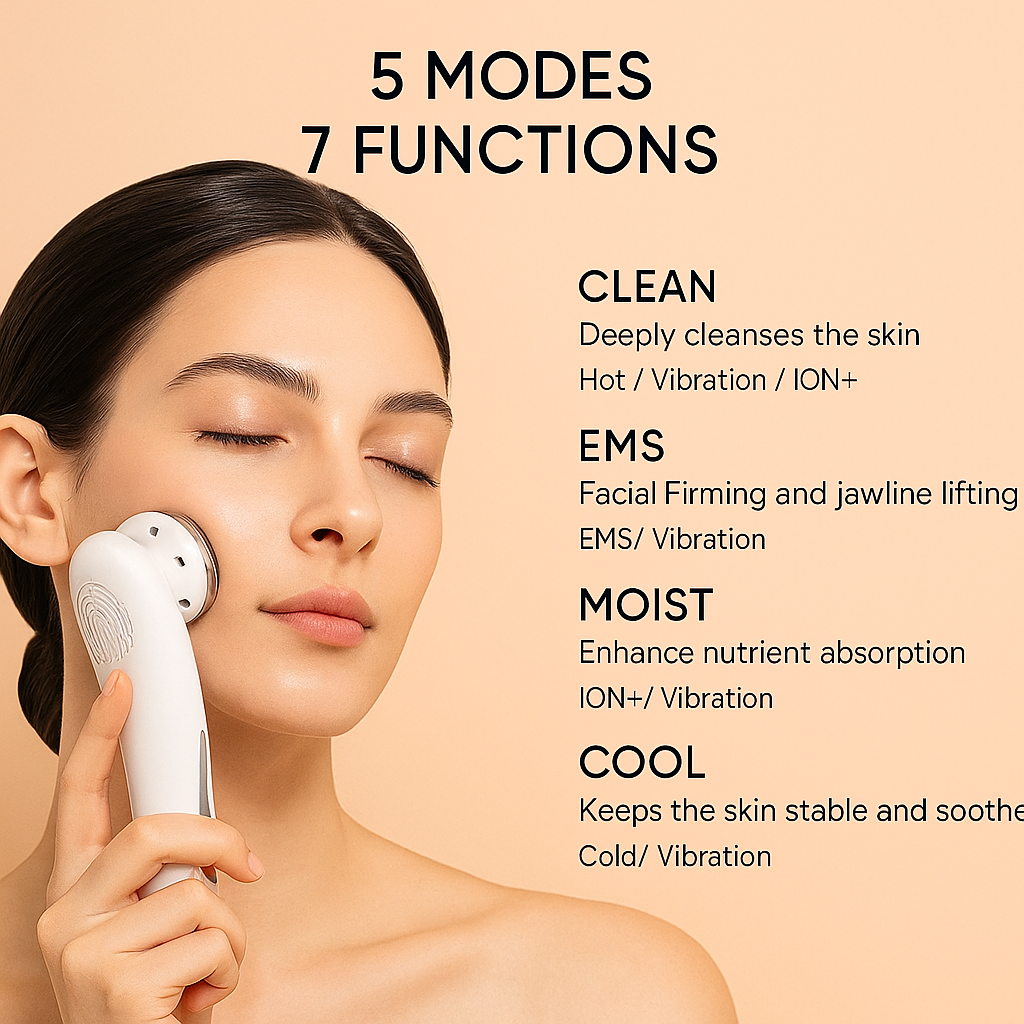 Woman using Avyrae™ LumaLift EMS Pro on her face to demonstrate multiple skincare modes and functions.