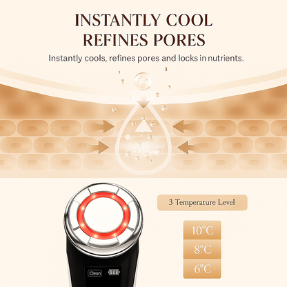 Close-up of Avyrae™ LumaLift EMS Pro emitting red LED light, showing cooling effect and pore refining function.