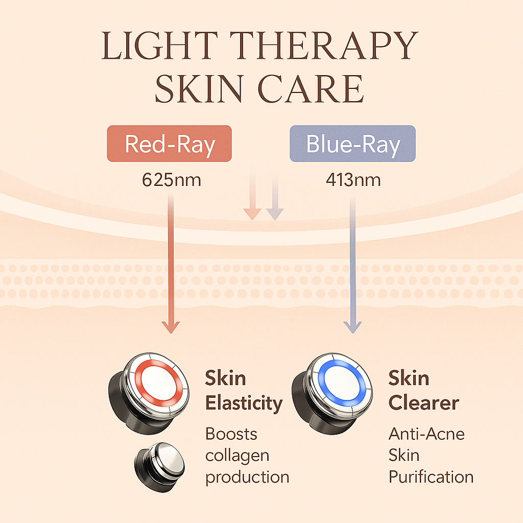 Diagram showing red and blue light therapy benefits of Avyrae™ LumaLift EMS Pro for skin elasticity and acne care.