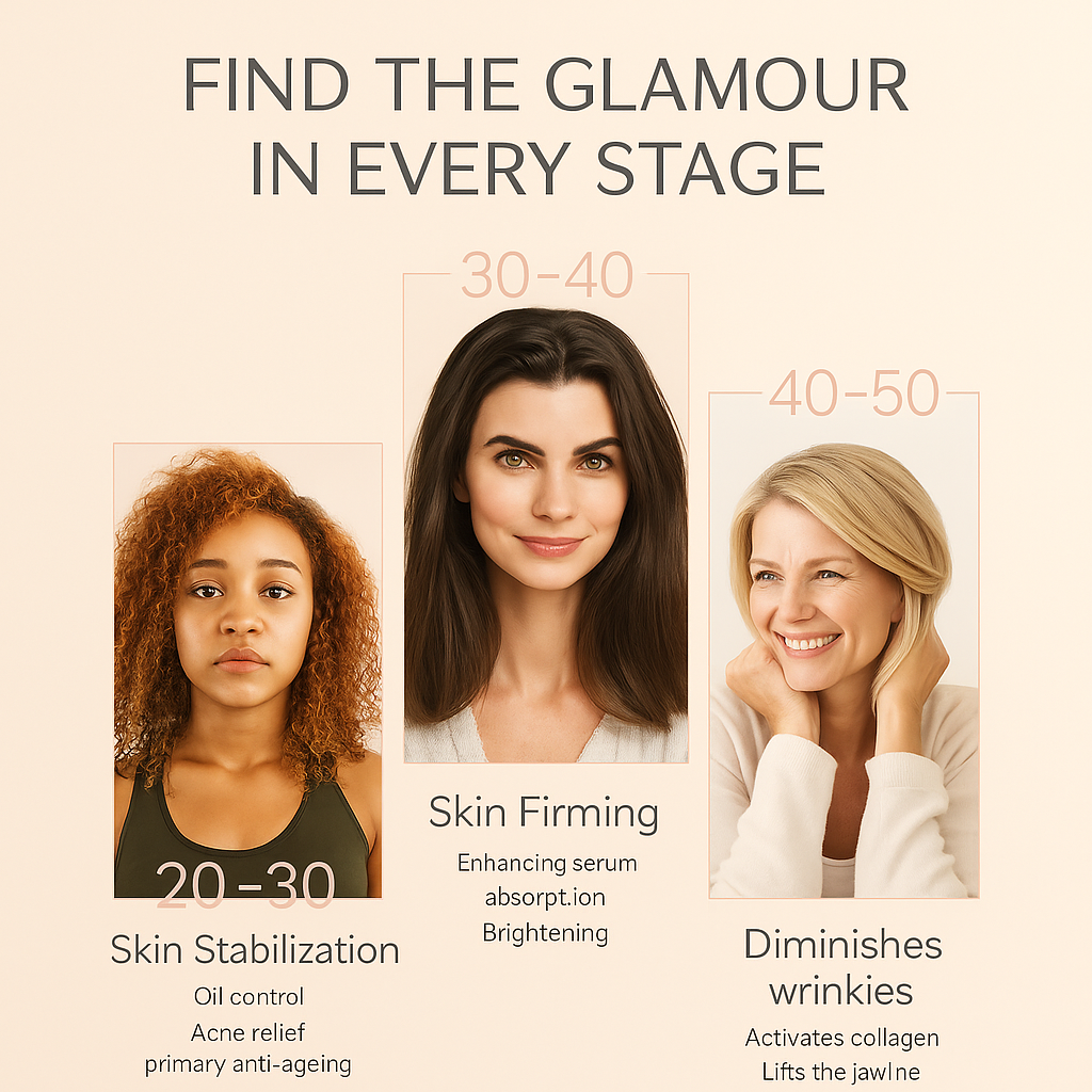 Three women of different ages using Avyrae™ LumaLift EMS Pro to highlight skincare benefits across age groups.