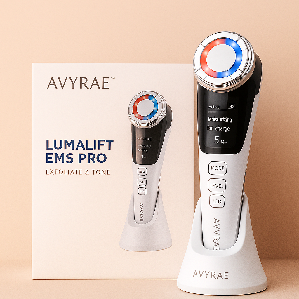 White Avyrae™ LumaLift EMS Pro device presented with box packaging and glowing red-blue LED ring.