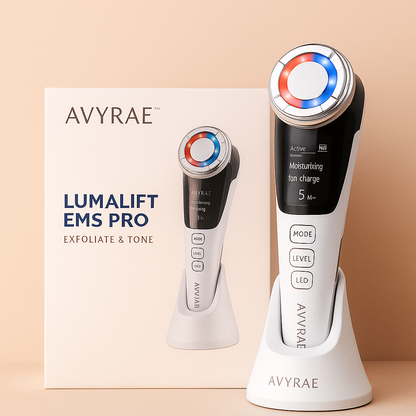 White Avyrae™ LumaLift EMS Pro device presented with box packaging and glowing red-blue LED ring.