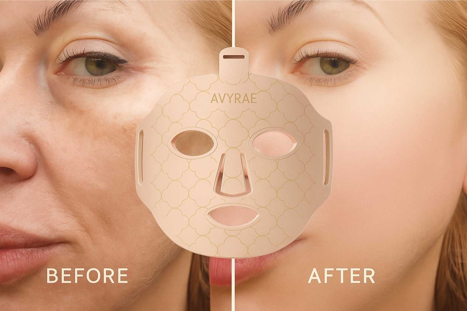 Before and after using the Avyrae™ LumiGlow Rejuvenating LED Mask, showing visible improvement in skin tone, texture, and pigmentation on a woman's face.