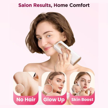 Woman using a hair removal device with insets showing results on skin.