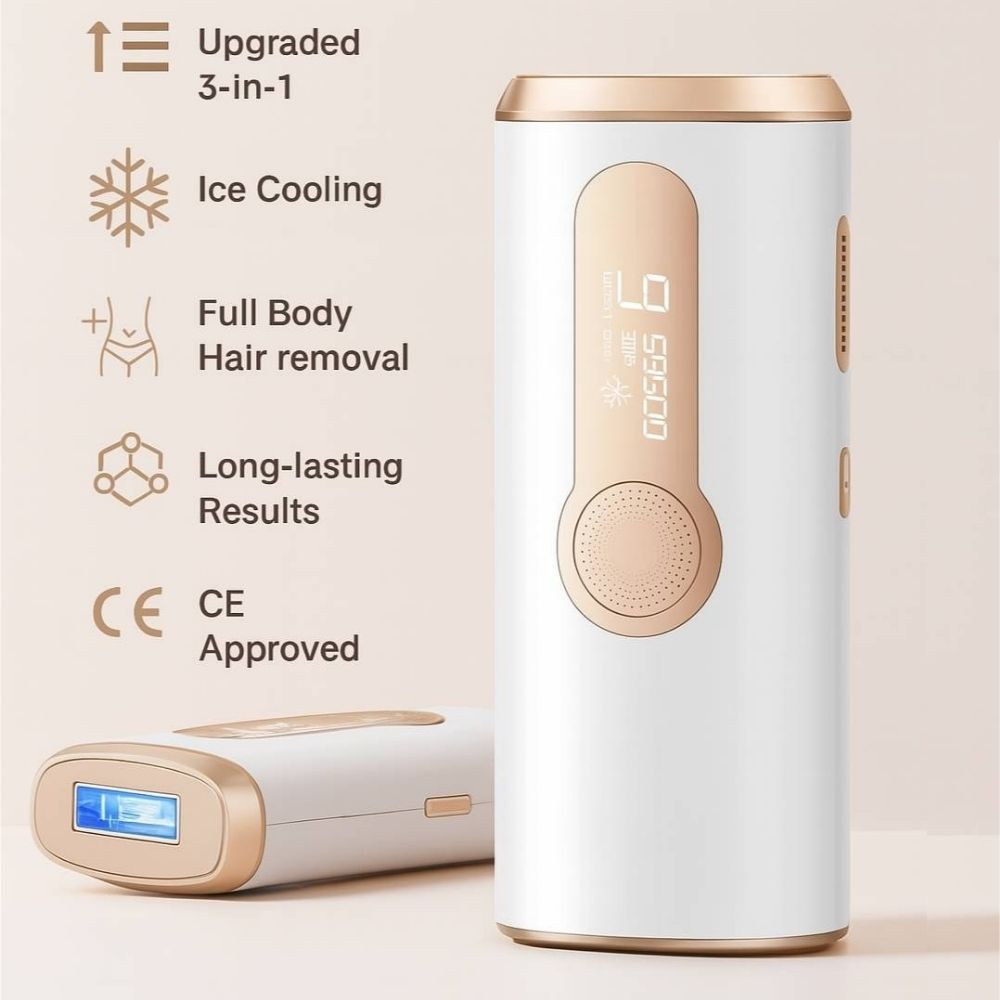 Hair removal device with features listed on a beige background