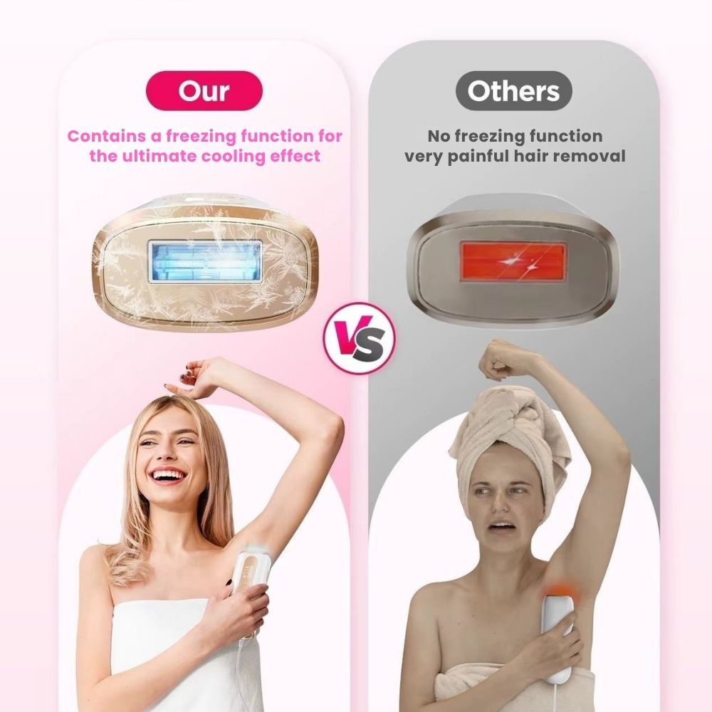 Comparison of hair removal devices with a woman using one and another with a different device.