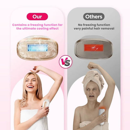 Comparison of hair removal devices with a woman using one and another with a different device.