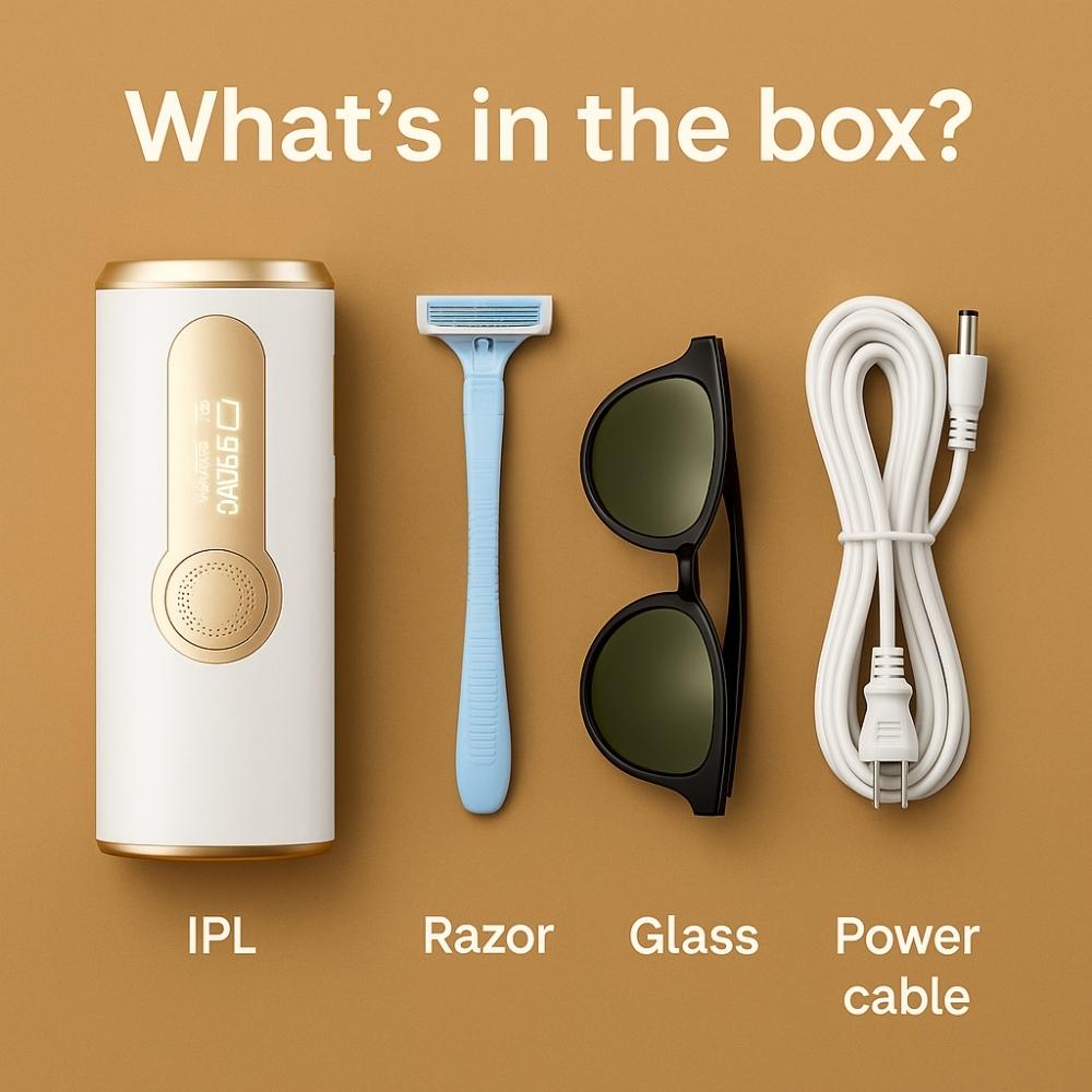 Product packaging with IPL device, razor, sunglasses, and power cable on a brown background.