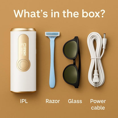 Product packaging with IPL device, razor, sunglasses, and power cable on a brown background.