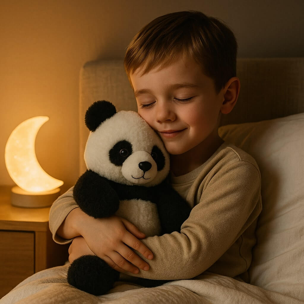 Child hugging a panda plush toy in a cozy room with a moon-shaped lamp.