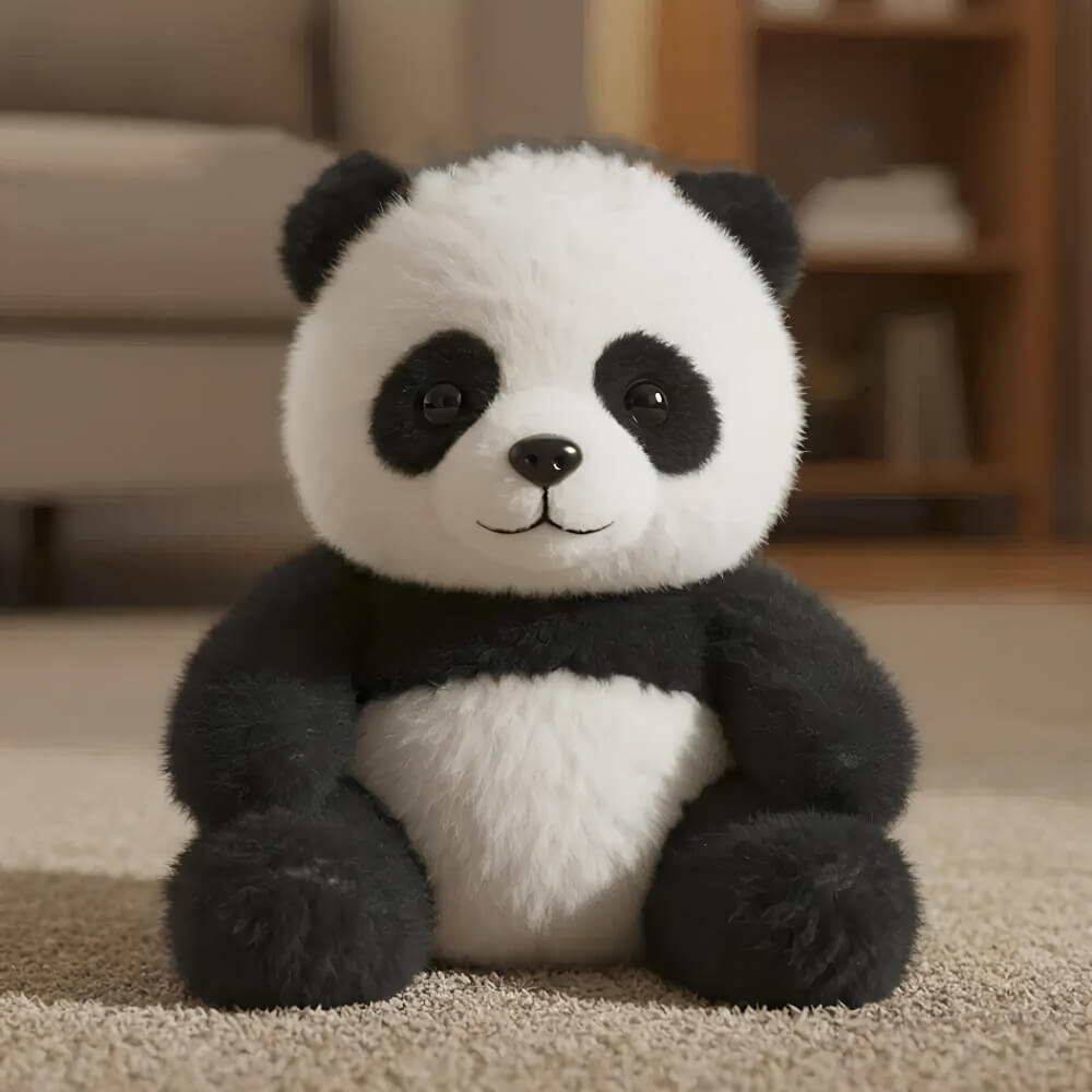Plush panda toy sitting on a carpeted floor with a blurred background