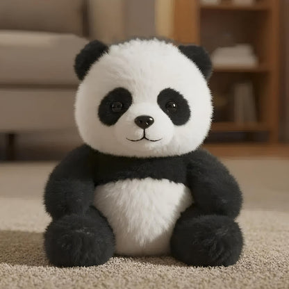 Plush panda toy sitting on a carpeted floor with a blurred background