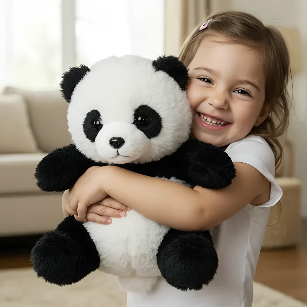 Child holding a panda plush toy in a living room setting