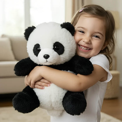 Child holding a panda plush toy in a living room setting