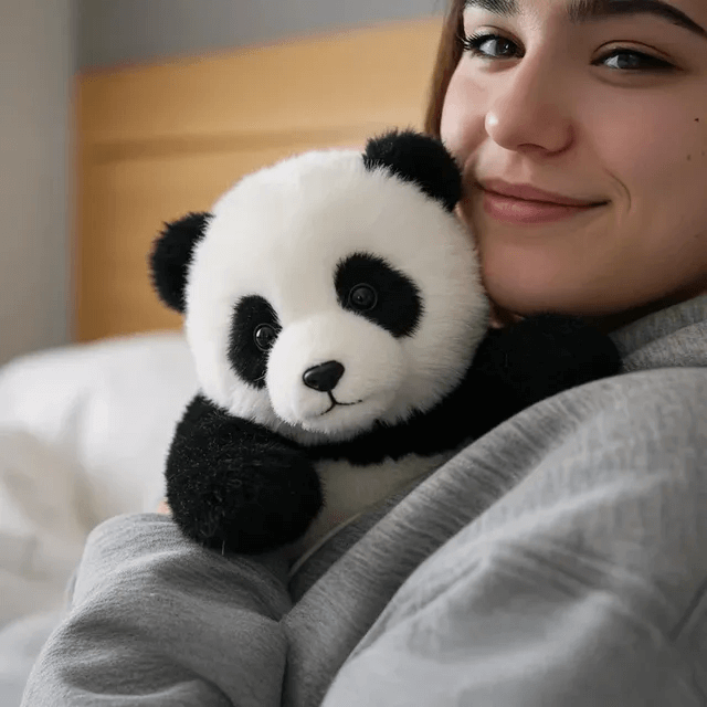 Person holding a plush panda toy in a cozy indoor setting