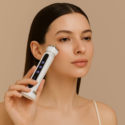 Woman using the Avyrae™ SculptLift roller on her cheek to lift and tone facial skin