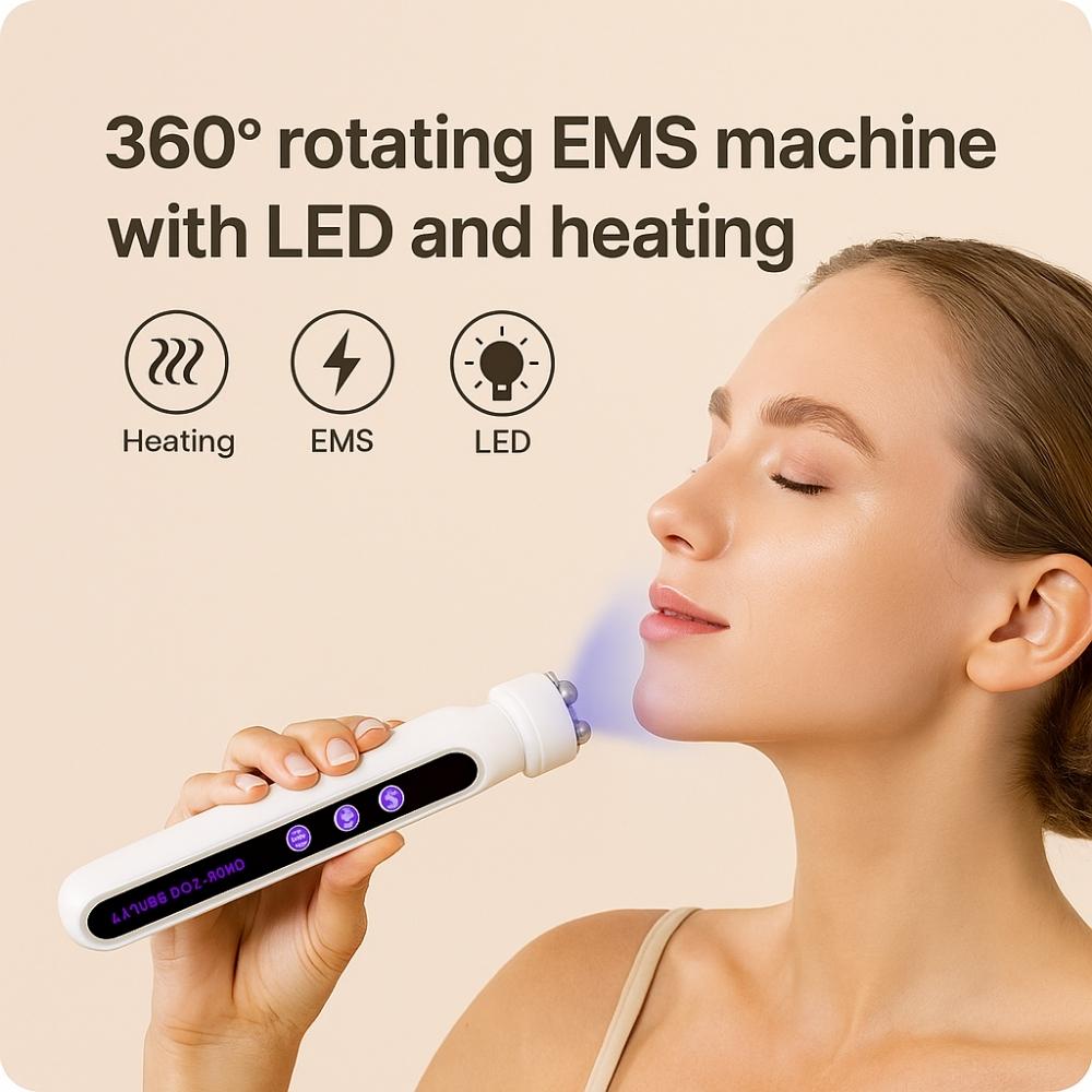 360° rotating EMS facial device emitting blue LED light during skincare treatment