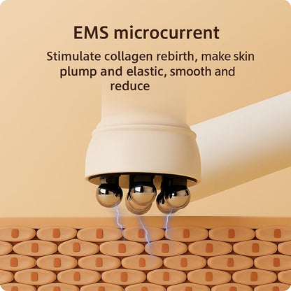 Avyrae™ EMS roller demonstrating skin cell stimulation with microcurrents