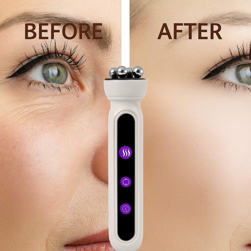 "Before and after" comparison photo showing visible reduction of fine lines around the eye area, with the Avyrae™ SculptLift device displayed in the center as the featured skincare tool.