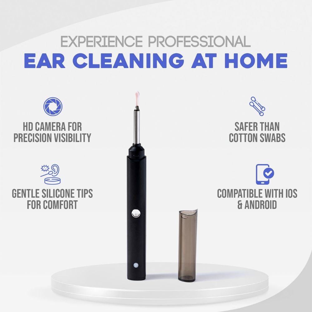 Black ear cleaning device with features listed on a white background
