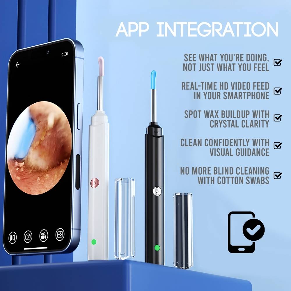 Ear cleaning device with smartphone app integration on a blue background