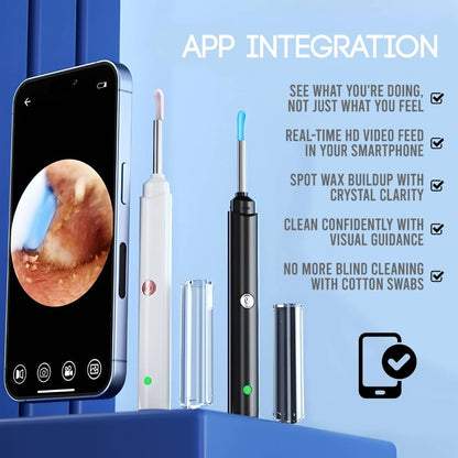 Ear cleaning device with smartphone app integration on a blue background
