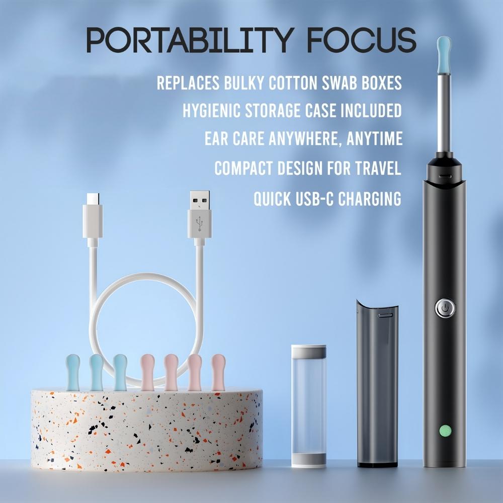 Electronic ear care device with charging cable and storage case on a blue background