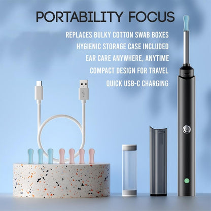 Electronic ear care device with charging cable and storage case on a blue background