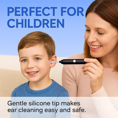 Woman using ear cleaning tool on a child with text 'Perfect for Children' and 'Gentle silicone tip makes ear cleaning easy and safe.'.