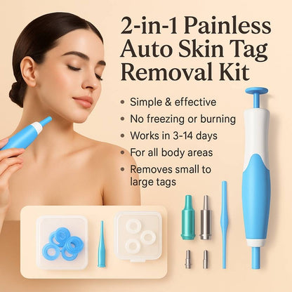 2-in-1 Painless Auto Skin Tag Removal Kit displayed with components and key product benefits.
