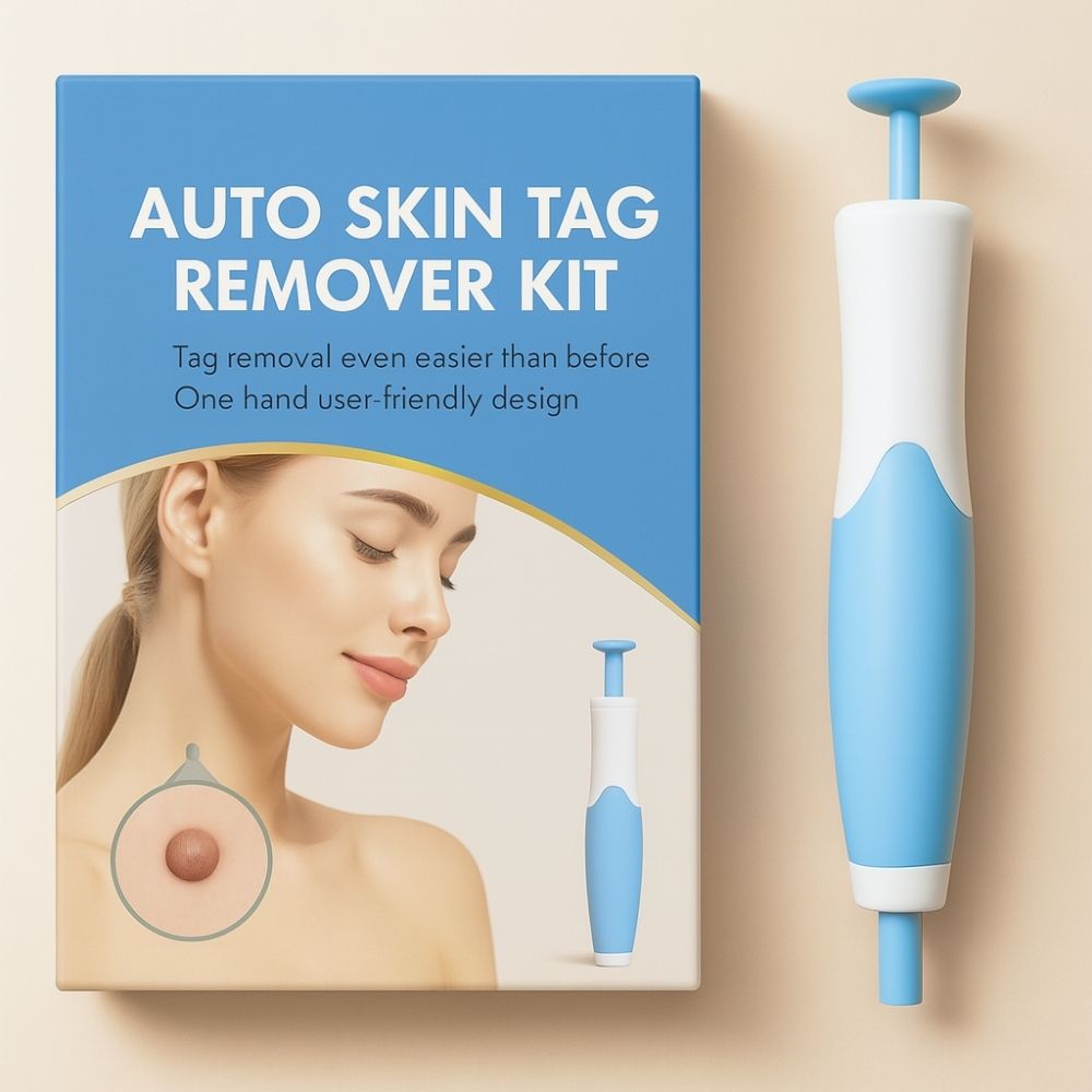 Packaging box of Auto Skin Tag Remover Kit next to the blue and white removal device.