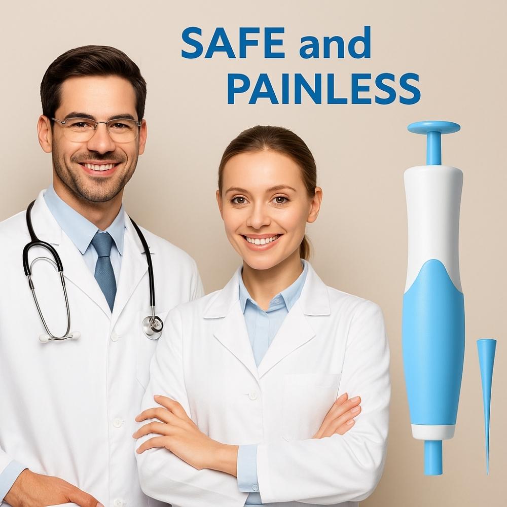 Two smiling doctors in lab coats next to the blue Auto Skin Tag Remover, highlighting safety and painless use.