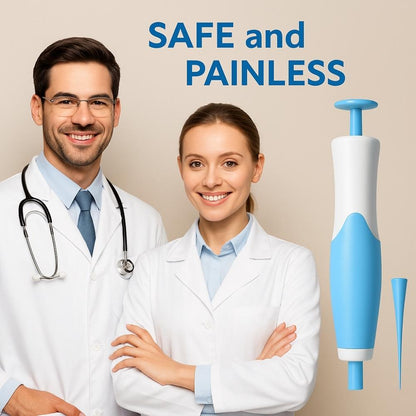 Two smiling doctors in lab coats next to the blue Auto Skin Tag Remover, highlighting safety and painless use.