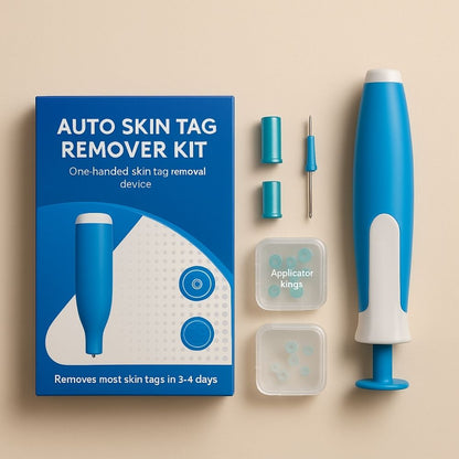 Flat lay of blue Auto Skin Tag Remover Kit with packaging, rubber bands, applicators and components.