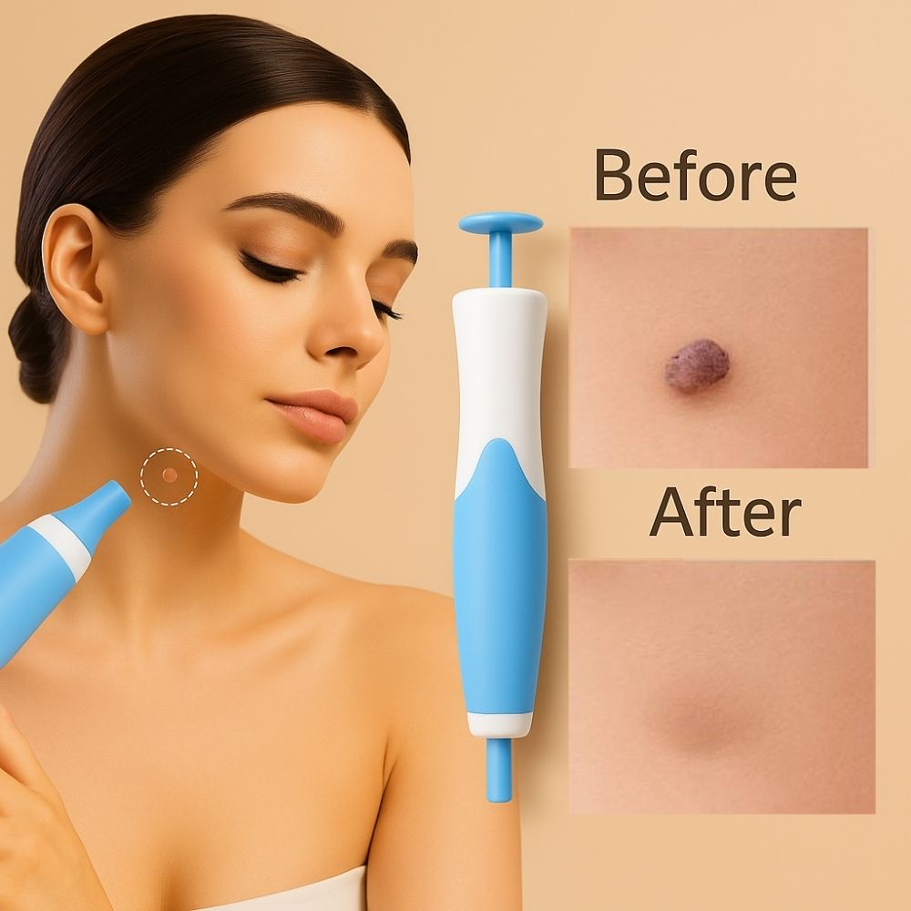 Before and after image of a woman using a skin tag removal device, showing clear improvement on the same side of her face — product displayed in the center.